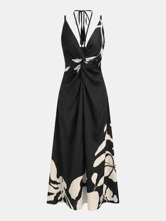 Commense Dresses & Skirts - Commense Tassel Detail Twist-Front Floral Print Maxi Dress - Black
